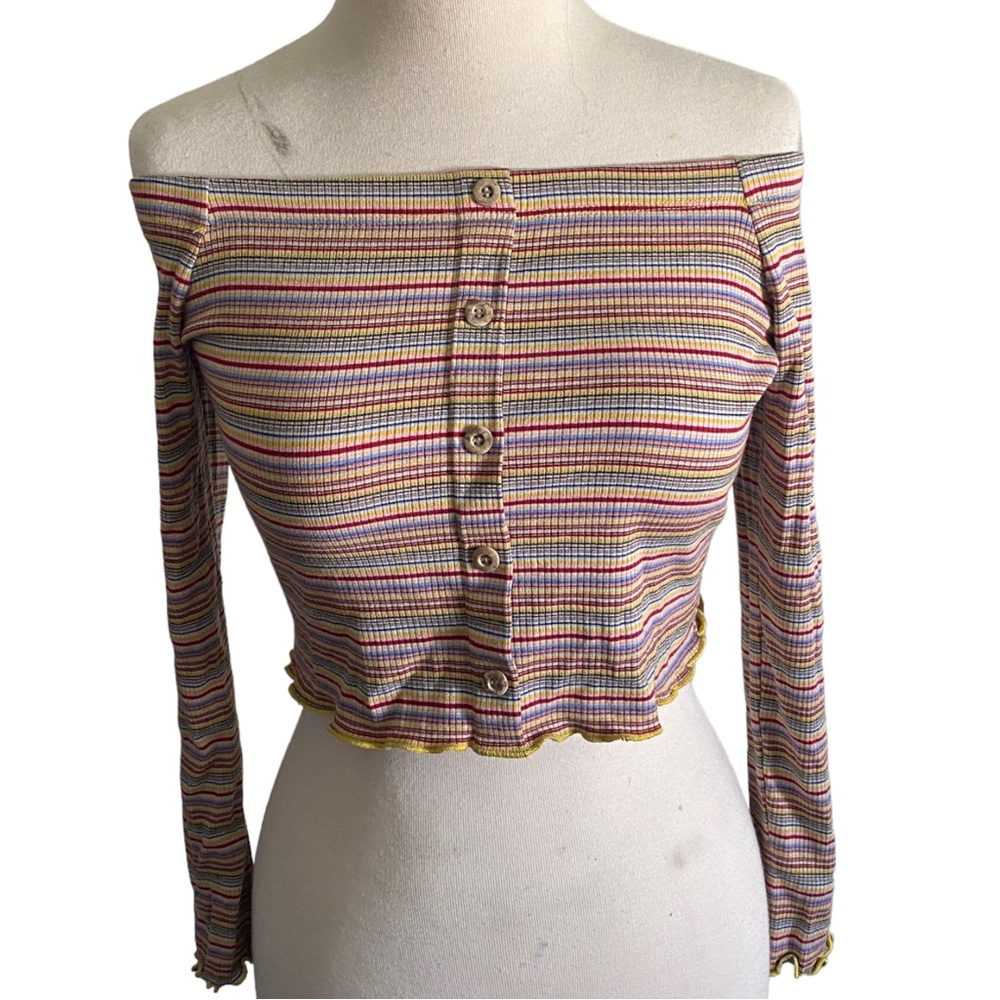 Polly & Esther Off The Shoulder Rainbow Striped Long Sleeve Crop Top